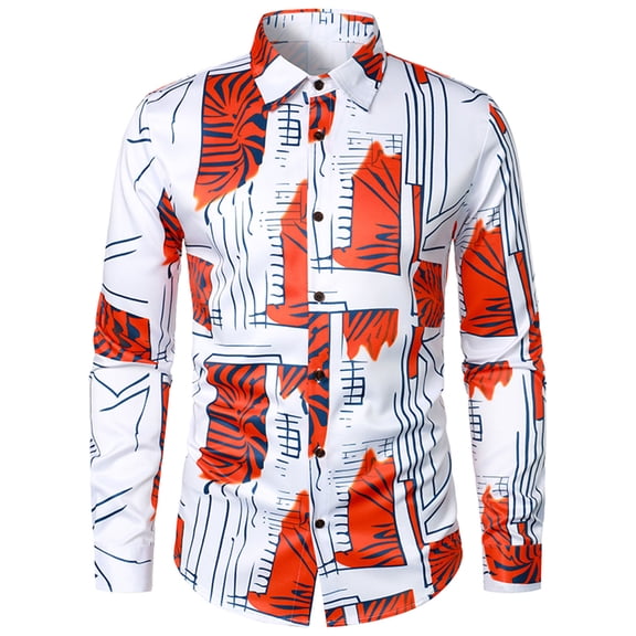 Mens Lapel Vintage Bottom Shirts Print Button Blouse 2024 Fashion Casual Long Sleeve Tops
