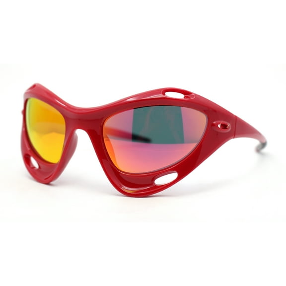 Mens Large Coverage Aerodynamic Vented Thick Plastic Wrap Sport Sunglasses Red - Fuchsia Mirror
