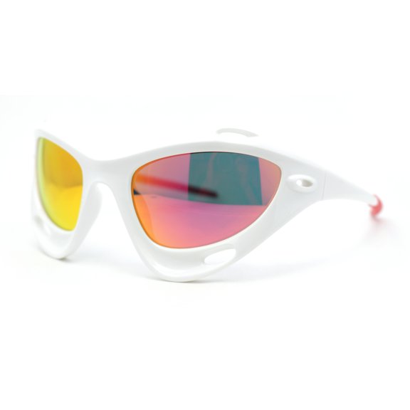 Mens Large Coverage Aerodynamic Vented Thick Plastic Wrap Sport Sunglasses White - Fuchsia Mirror