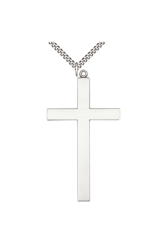 Mens Large Cross .925 Sterling Silver Cross 5960 - 2 5/8 X 1 3/8 on 24 inch Rhodium Plated Heavy Curb Brass Chain with Lobster Claw Clasp,Catholic Religious Necklace-USA Made Gift Boxed