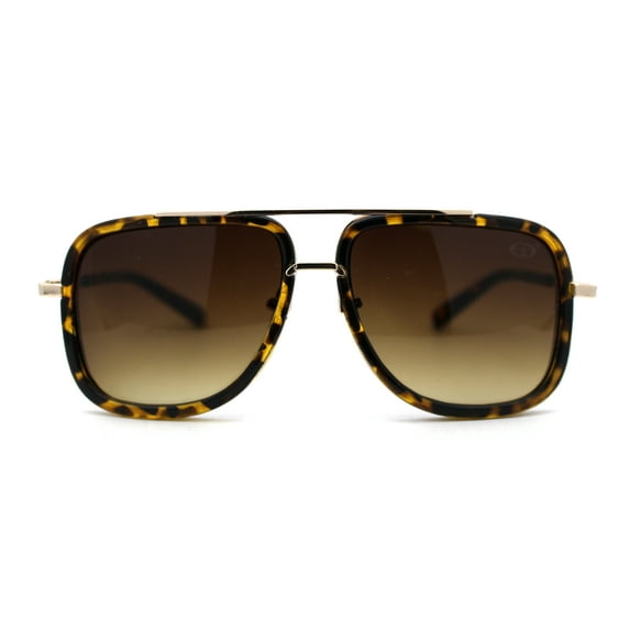Mens Large Double Bridge Racer Rectangle Sunglasses Gold Tortoise Brown