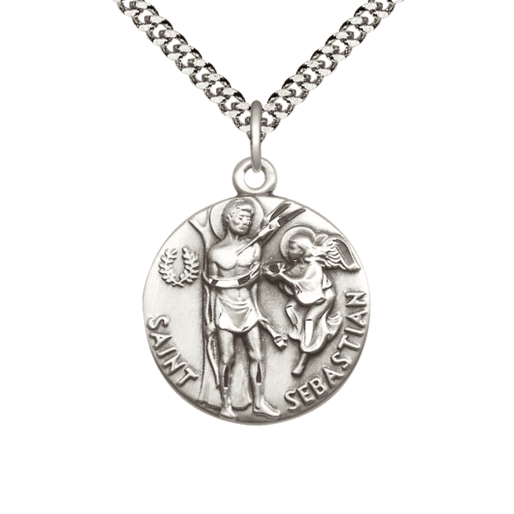 Mens Large Round .925 Sterling Silver St Sebastian Medal Pendant on 24 ...