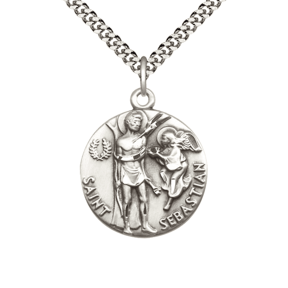 Mens Large Round Pewter St Sebastian Medal Pendant on 24 inch Endless ...