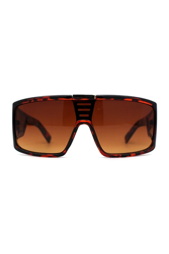 Mens Large Shield Robotic Flat Top Thick Temple Plastic Sunglasses Tortoise Brown