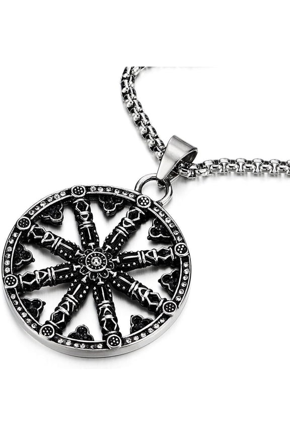 Mens Large Steel Dharma Chakra Pendant Dharma Wheel of Law Symbol Necklace with 30 in Chain