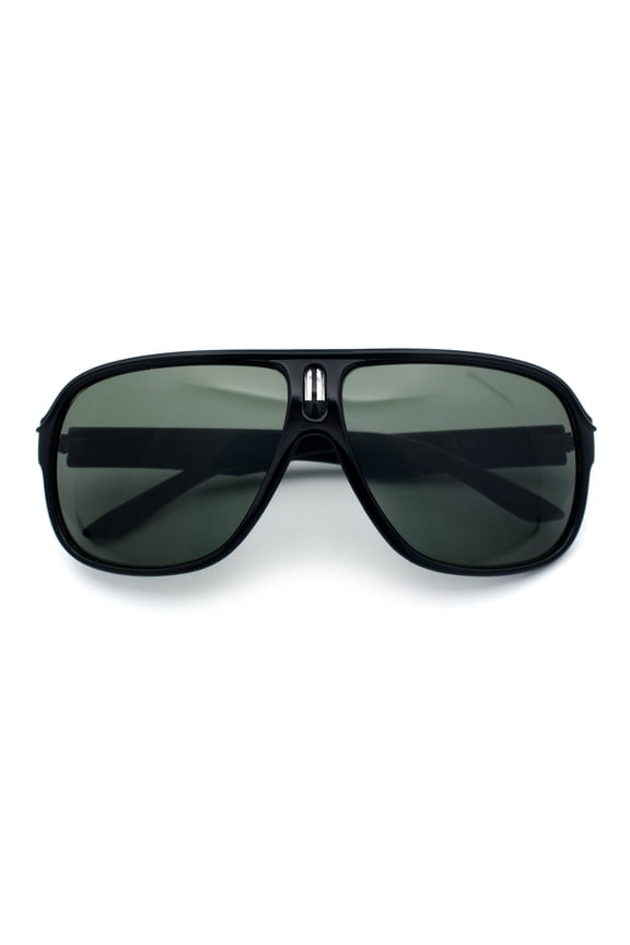 Mens Large Tempered Glass Lens Racer Plastic Manly Sunglasses Shiny Black