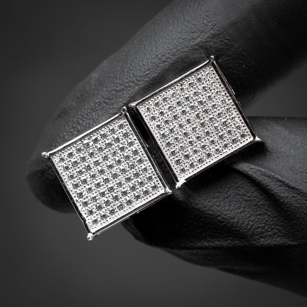 Mens Large White Gold Plated 925 Sterling Silver 5A Cz Cubic Zirconia Hypoallergenic Big Square Flat Screen 14mm Iced Hip Hop Micro Pave Ice Out Stud Screw Back Earrings For Men