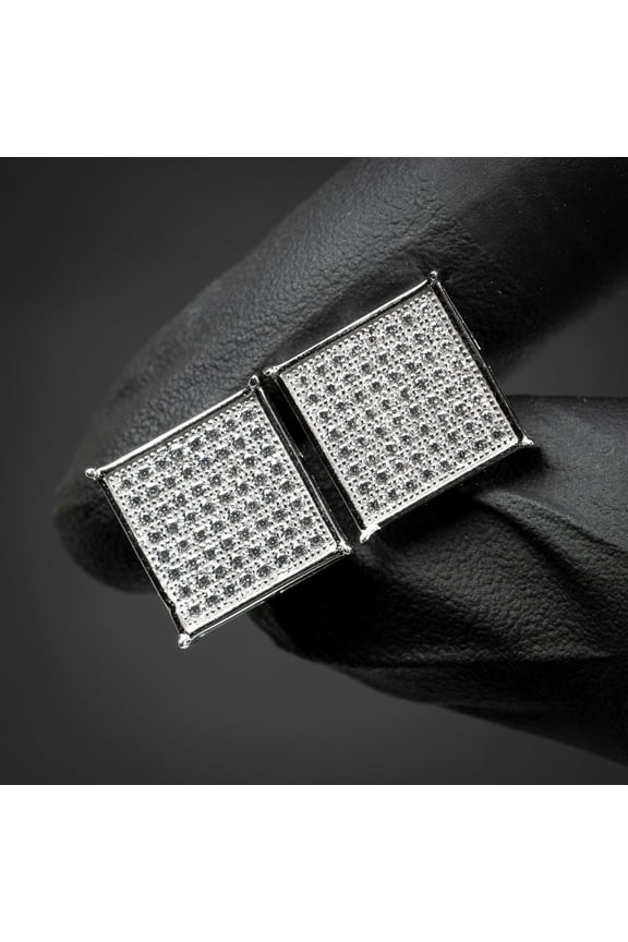 Mens Large White Gold Plated 925 Sterling Silver 5A Cz Cubic Zirconia Hypoallergenic Big Square Flat Screen 14mm Iced Hip Hop Micro Pave Ice Out Stud Screw Back Earrings For Men