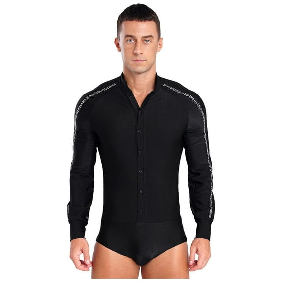 Mens Latin Ballet Dance Leotard Competition Costume Raglan Sleeve Stand Collar Button Sparkly Rhinestones Leotard