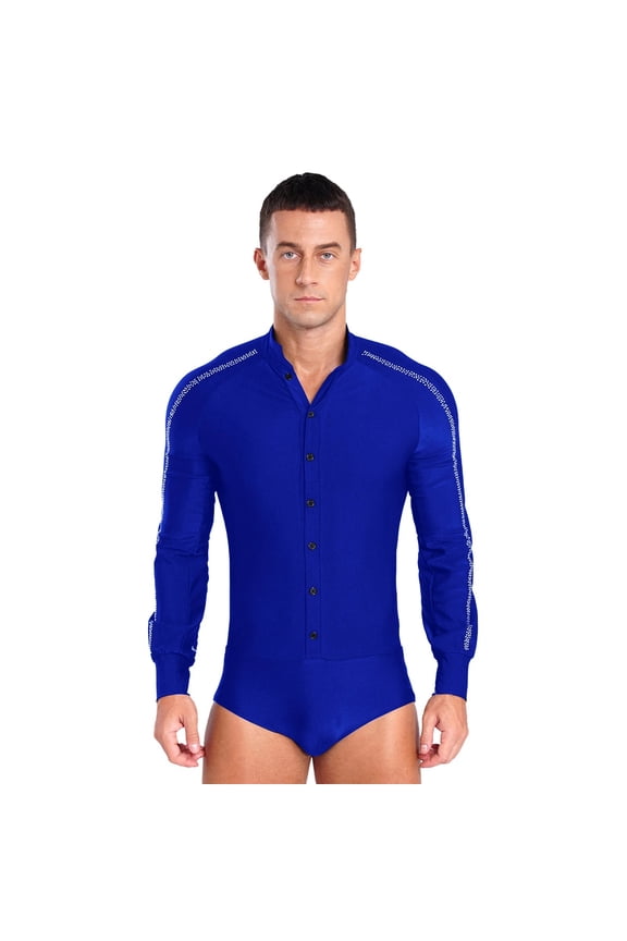 Mens Latin Ballet Dance Leotard Competition Costume Raglan Sleeve Stand Collar Button Sparkly Rhinestones Leotard