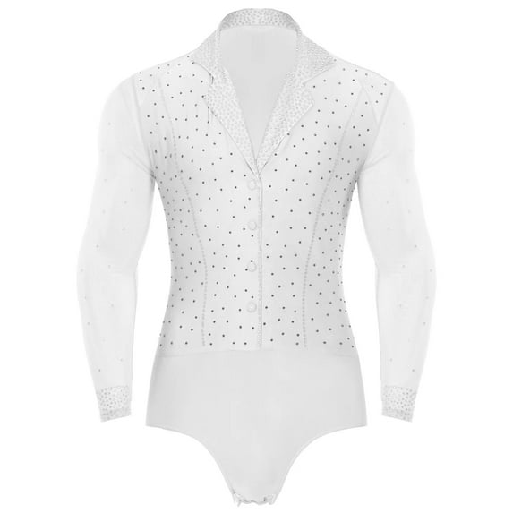 Mens Latin Ballroom Dance Leotard Costume Lapel Collar Sheer Mesh Patchwork Long Sleeve Sparkly Rhinestone Bodysuit