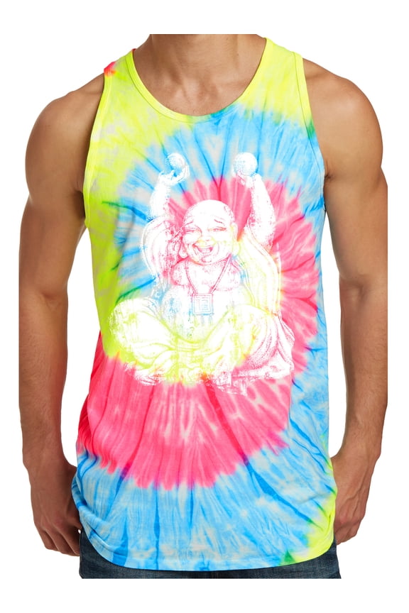 Mens Laughing Buddha Tie Dye Tank Top - Neon Rainbow, Small