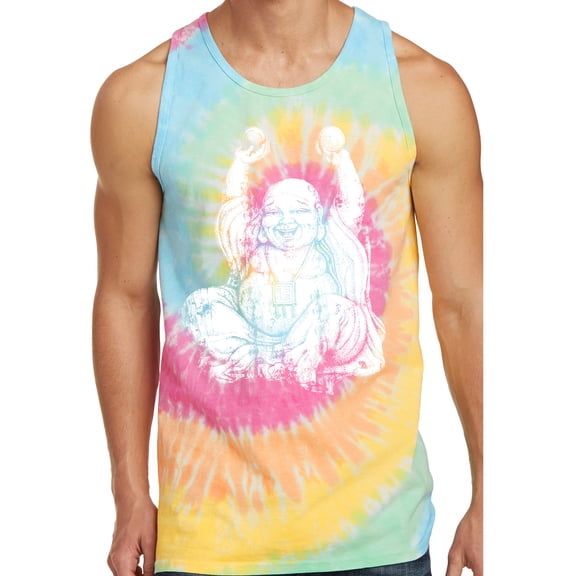 Mens Laughing Buddha Tie Dye Tank Top - Pastel Rainbow, Small