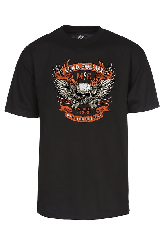 Mens Lead Follow MC Biker Tshirt Motorcyle Chopper Skull Wing Shirt Black Large