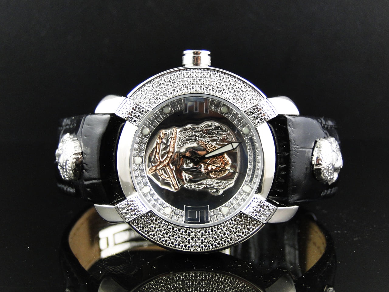 AQUA MASTER Mens Leather Band Jesus Face Diamond Watch W#96