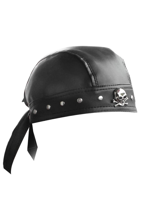 Mens Leather Bandana Biker Doo Do Rag Headwrap Studded Skull Cap