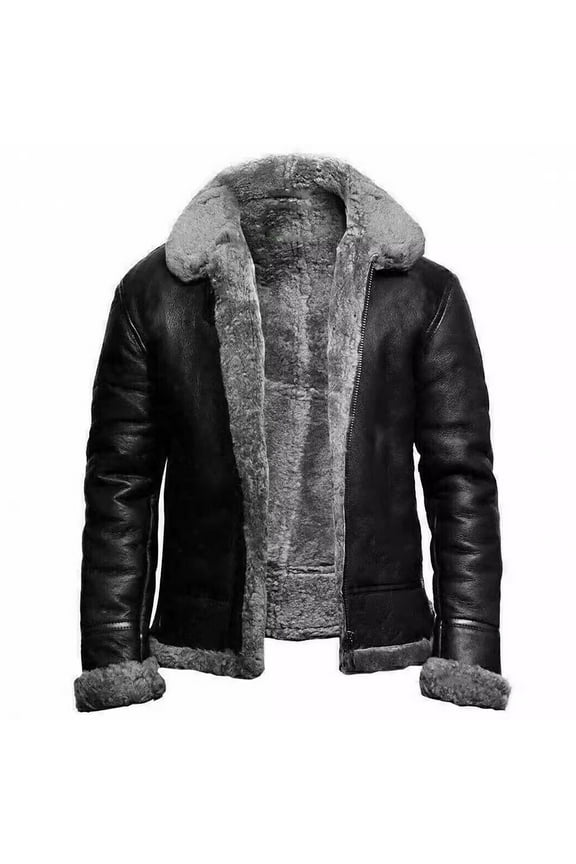 Mens Leather Bomber Jacket Full Zipper Fleece Lined Flying Jacket Fashion Sheepskin Vintage Winter Cardigan Jacket