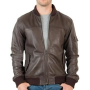 Mens Leather Bomber Jacket in Brown with Rib