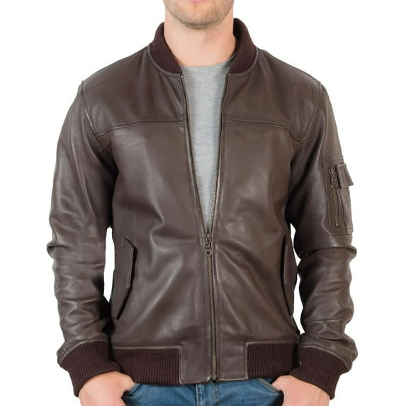 Mens Leather Bomber Jacket in Brown with Rib