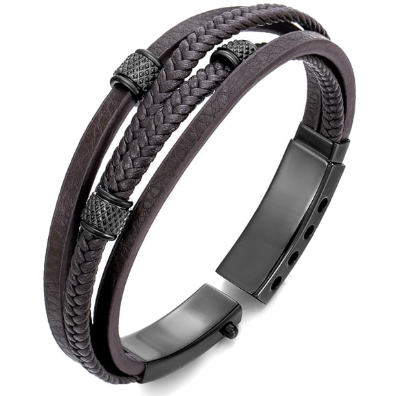 Mens Leather Bracelet, Adjustable Multi Strand Wristband with Stainless Steel Clasp, Fashion Cuff Bracelet for Business and Casual Wear