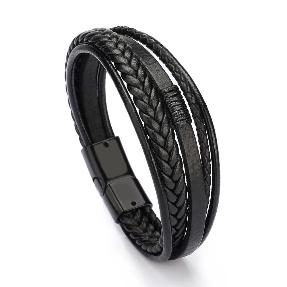 Mens Leather Bracelet Bracelet for Men with Magnetic Clasp - Multi-Layer Rope Wristband Style Men Bracelet Black 21.5cm