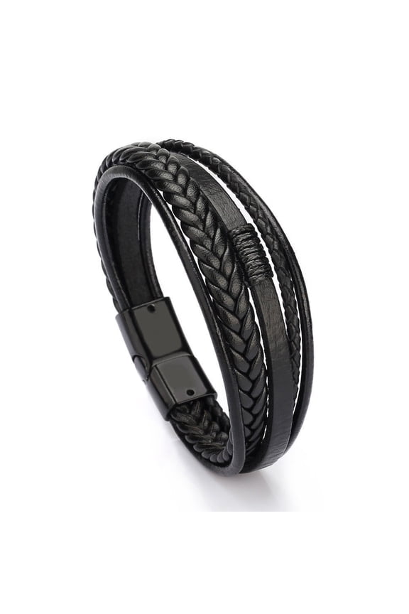 Mens Leather Bracelet Bracelet for Men with Magnetic Clasp - Multi-Layer Rope Wristband Style Men Bracelet Black 21.5cm
