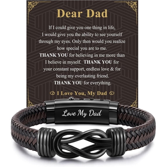 Mens Leather Bracelet Dad Gifts - Brown Braided Leather Infinity Knot Bracelets Engraved Love My Dad for Men, Daddy Jewelry Gift from Daughter Son for Father's Day Birthday