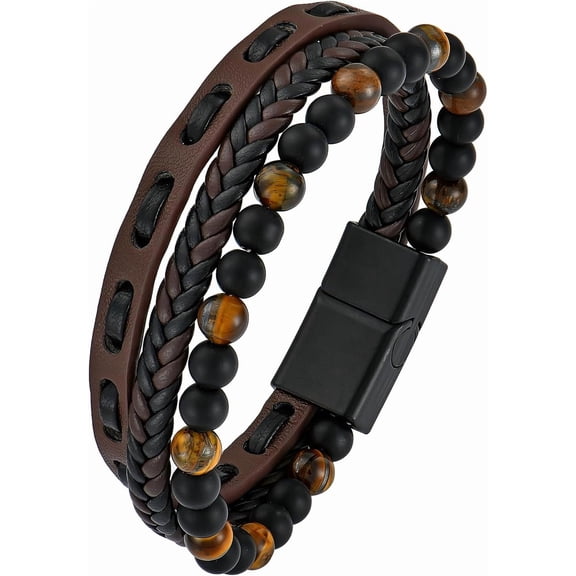 Mens Leather Bracelet Multi-Layer Braided Natural Stone Tiger Eye/Lapis Lazuli/Lava Rock Beads Bracelet Wristband Jewelry for Men 8.3" Stainless Steel Buckle Bangle