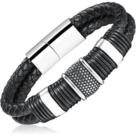 Mens Leather Bracelet,Pulseras Para Hombres,Double Row Braided,Stainless Steel Snap Bracelet,Black Wide Braclets,Jewelry for Men,Men's with Gift Box