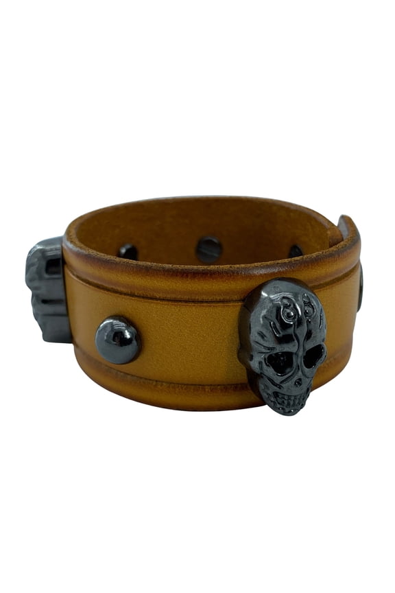 Mens Leather Bracelet, Women Gothic Rock Band Halloween Skull Studded Cuff Wristbands Punk Bracelets (Yellow)