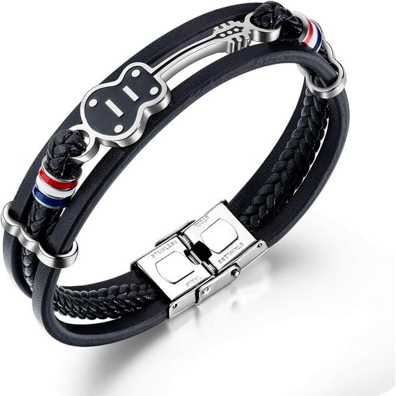 Mens Leather Bracelet Wristband Black Braided Cuff Music Treble Clef Rope Bass Guitar Bracelets Valentine Punk Gift for Him