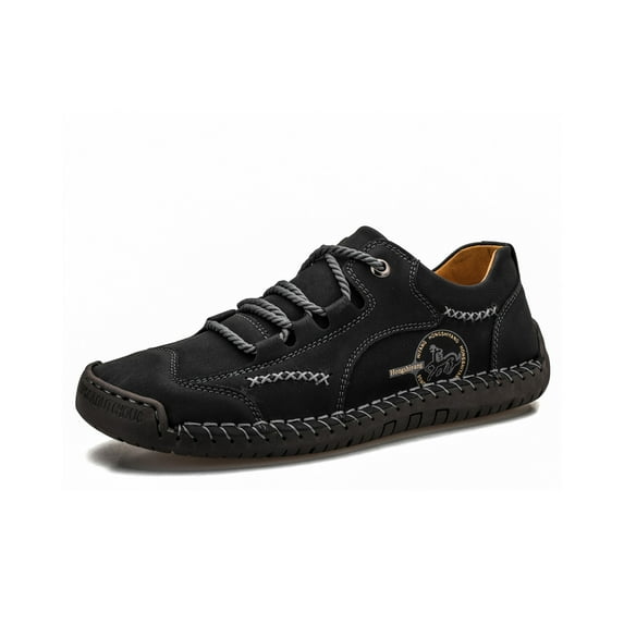 Mens Leather Casual Shoes Vintage Non-slip Loafers Lightweight Comfortable Minimalist Driving Walking Shoes Black 7.5 US