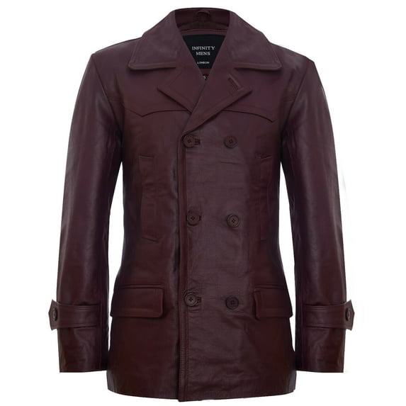 Mens Leather CowHide German Peacoat-Epping in Burgundy