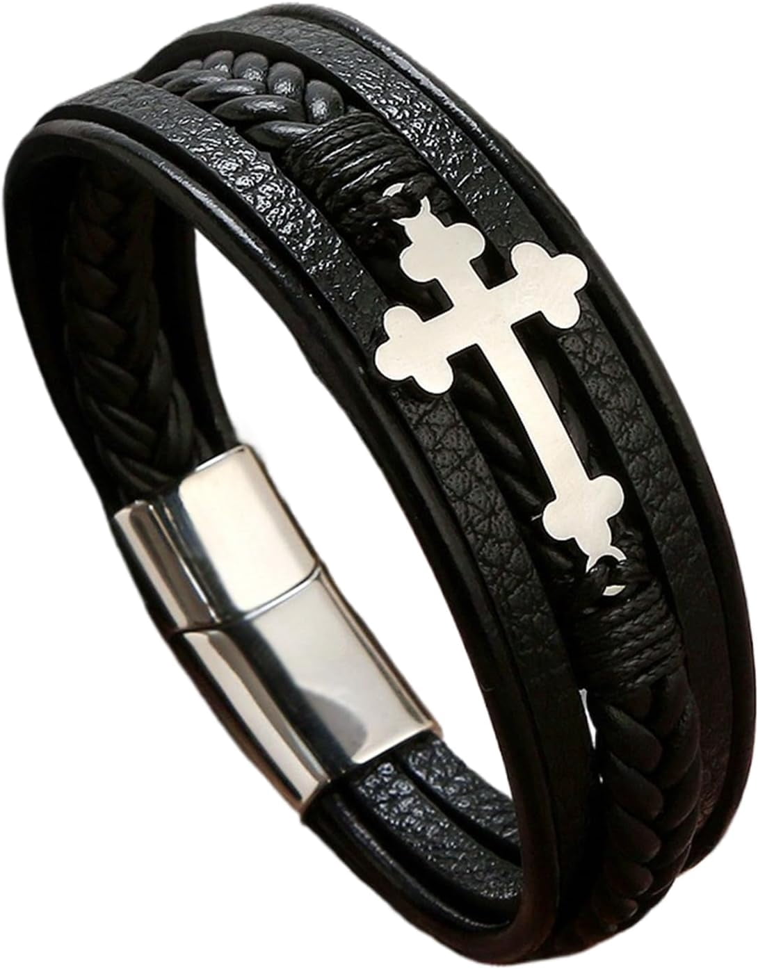 Mens Leather Cross Bracelet Multi-Layer Braided Faith Bracelet Religious Wristband Father's Day Birthday Jewelry Gifts for Men 8.5" Stainless Steel Buckle Bangle