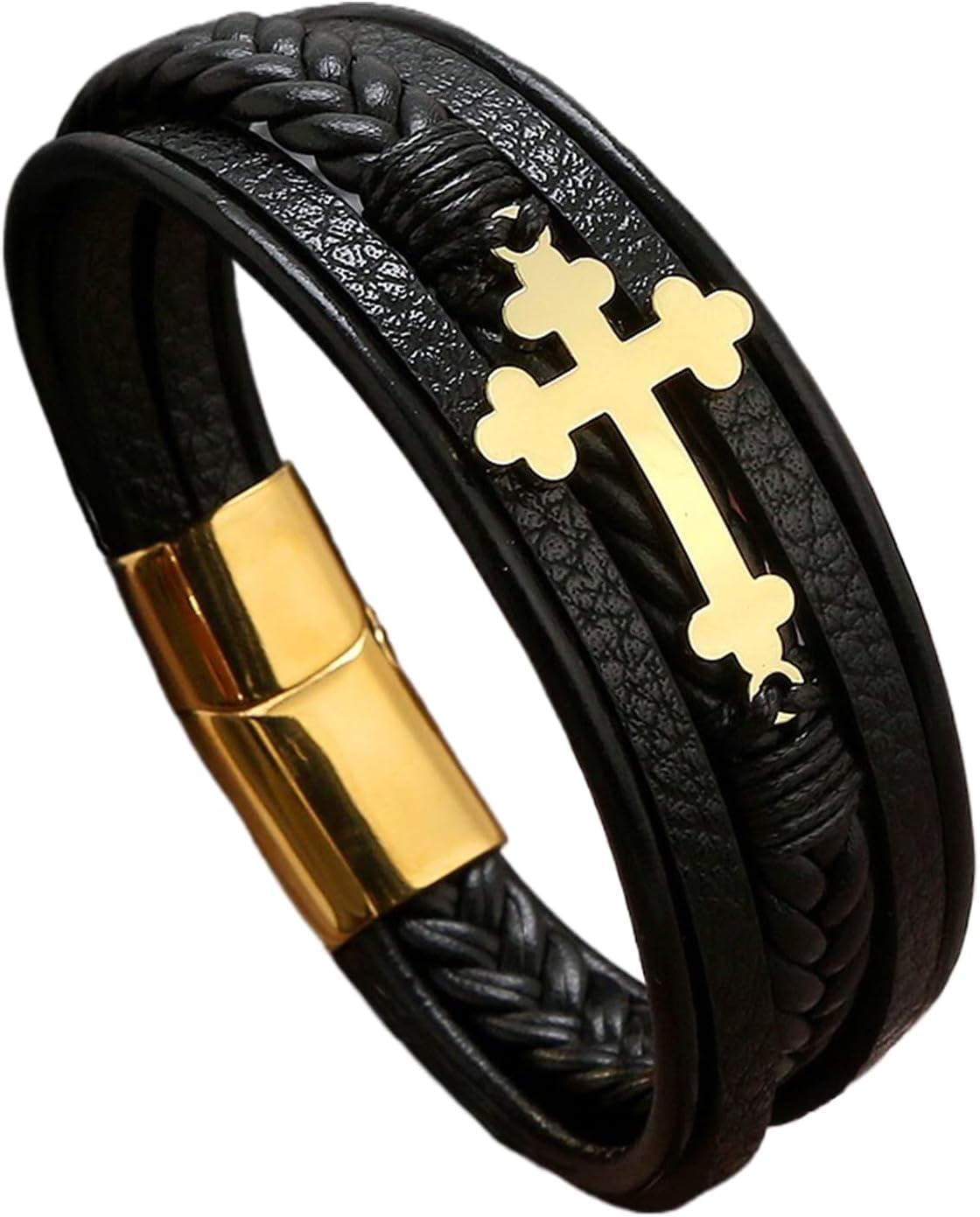 Mens Leather Cross Bracelet Multi-Layer Braided Faith Bracelet Religious Wristband Father's Day Birthday Jewelry Gifts for Men 8.5" Stainless Steel Buckle Bangle