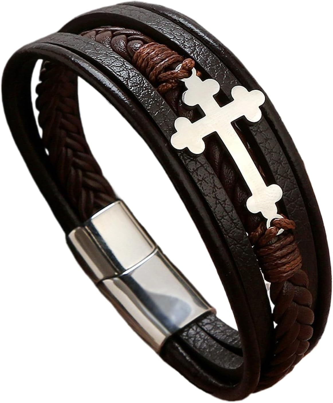 Mens Leather Cross Bracelet Multi-Layer Braided Faith Bracelet Religious Wristband Father's Day Birthday Jewelry Gifts for Men 8.5" Stainless Steel Buckle Bangle