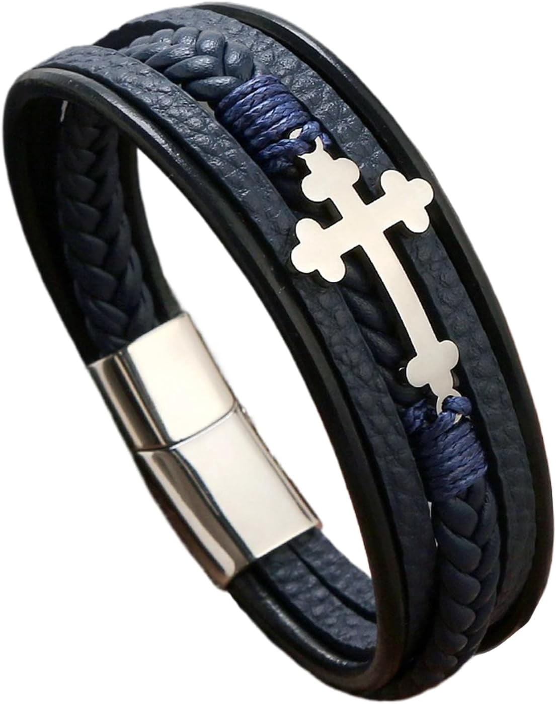 Mens Leather Cross Bracelet Multi-Layer Braided Faith Bracelet Religious Wristband Father's Day Birthday Jewelry Gifts for Men 8.5" Stainless Steel Buckle Bangle