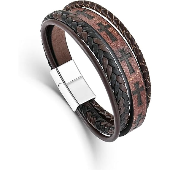 Mens Leather Cross Bracelet Multilayer Braided Wristband Bangle Bracelets with Stainless Steel Buckle Religious Gift for Men