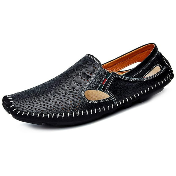 Mens Leather Driving Loafer Lightweight Slip-on Breathable Walking Boat Shoes Flat Slippers Outdoor Moccasin 9-9.5 Black