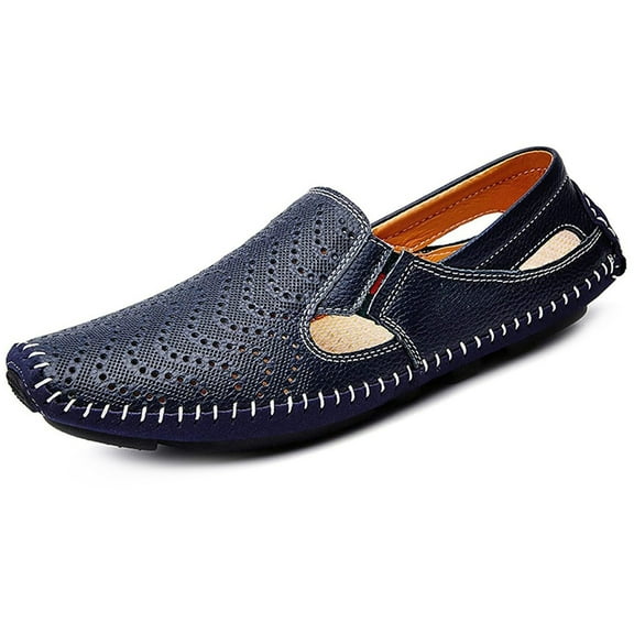 Mens Leather Driving Loafer Lightweight Slip-on Breathable Walking Boat Shoes Flat Slippers Outdoor Moccasin 9-9.5 Blue