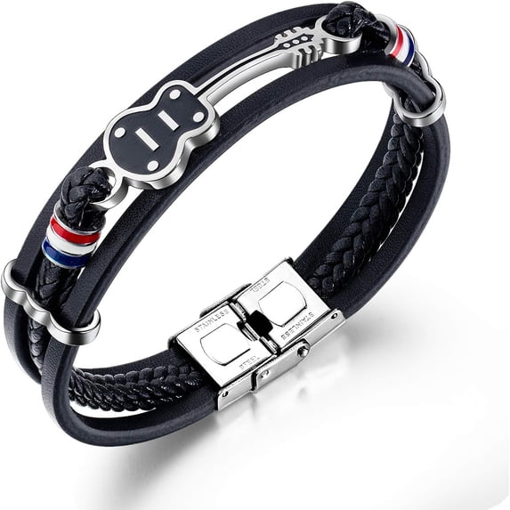 Mens Leather Guitar Bracelet, Handmade Black Multi-Layer Cowhide Braided Cuff Music jewelry 8.3 Inches