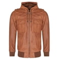 thumbnail image 1 of Mens Leather Hooded Varsity Jacket - Cullompton in Tan, 1 of 4