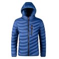 thumbnail image 1 of Mens Leather Jacket Down Alternative Quilted Lightweight Packable Padding Detachable Hood Straight Jacket,Blue,XL, 1 of 3