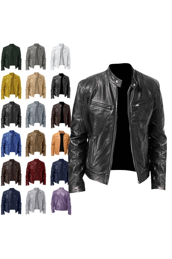 Mens Leather Jacket Men's Solid Color Long Sleeved Casual Leather Jacket Long Sleeve Hoodless Faux Leather Outwear Jackets Plus Size for Men Thickened version Increase Thickness