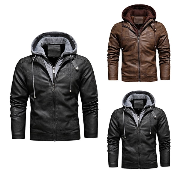Mens Leather Jacket Men's Winter Coat Sherpa Fleece Lined Jacket Men’s Casual Stand Collar PU Faux Leather Zip-Up Motorcycle Bomber Jacket With a Hood