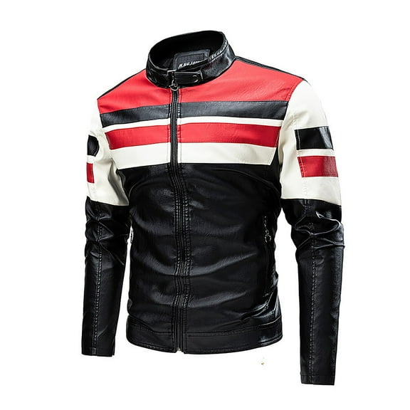 Mens Leather Jacket Motorcycle Riding Motorbike Stand Up Collar Puffer&nbsp;Jacket&nbsp;Men,Red,2XL