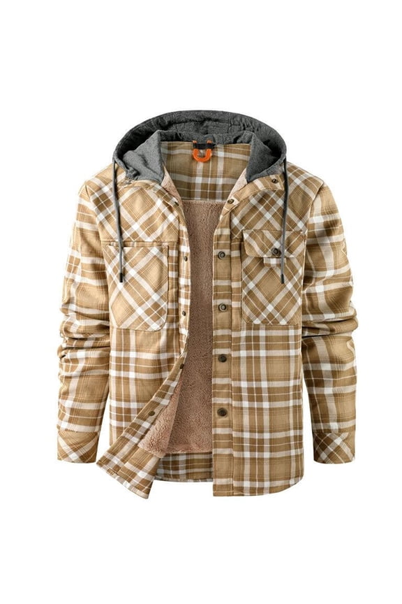 Mens Leather Jacket Plaid Hooded Velvet Warm Button Up Cardigan Business Loose Mens Workout Jacket,Khaki,XL
