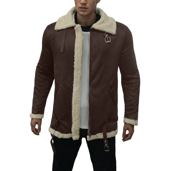 Mens Leather Jacket Plus Size Lined Winter Jackets Casual Sheepskin Shearling Collar Thermal Coats