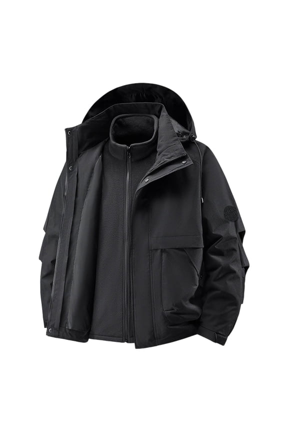 Mens Leather Jacket Pure Color Fake Two Layers Drawstring Hooded With Pockets Bussiness Coat Men,Black,3XL