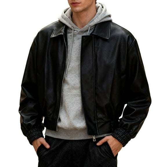 Mens Leather Jacket Quilted Short Windproof Shearling Collar Pockets Mens Fall and Winter Clothing,Black,2XL